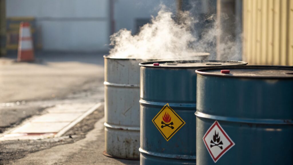 Metal barrels with hazard warning labels emitting thick white steam and smoke in an industrial yard, with concrete buildings and a traffic cone visible in the background.