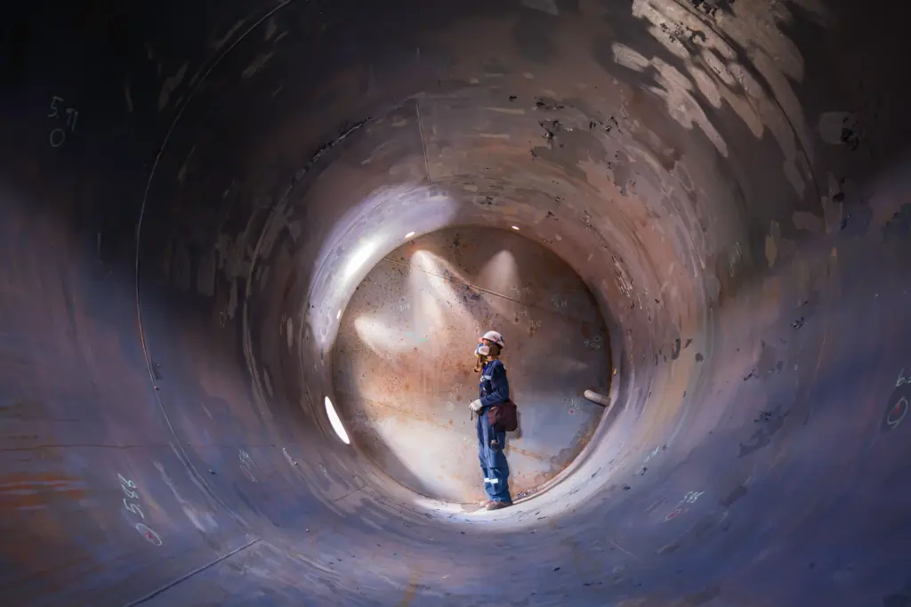 Construction worker in protective gear and hard hat standing inside a large cylindrical concrete pipe, inspecting the confined space during a construction project.