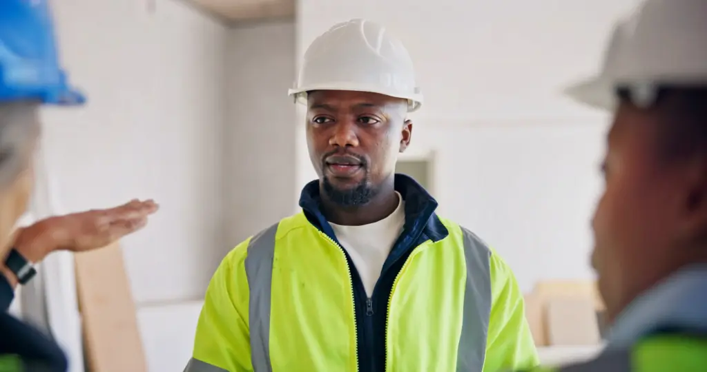 Construction worker in hard hat listens during site meeting