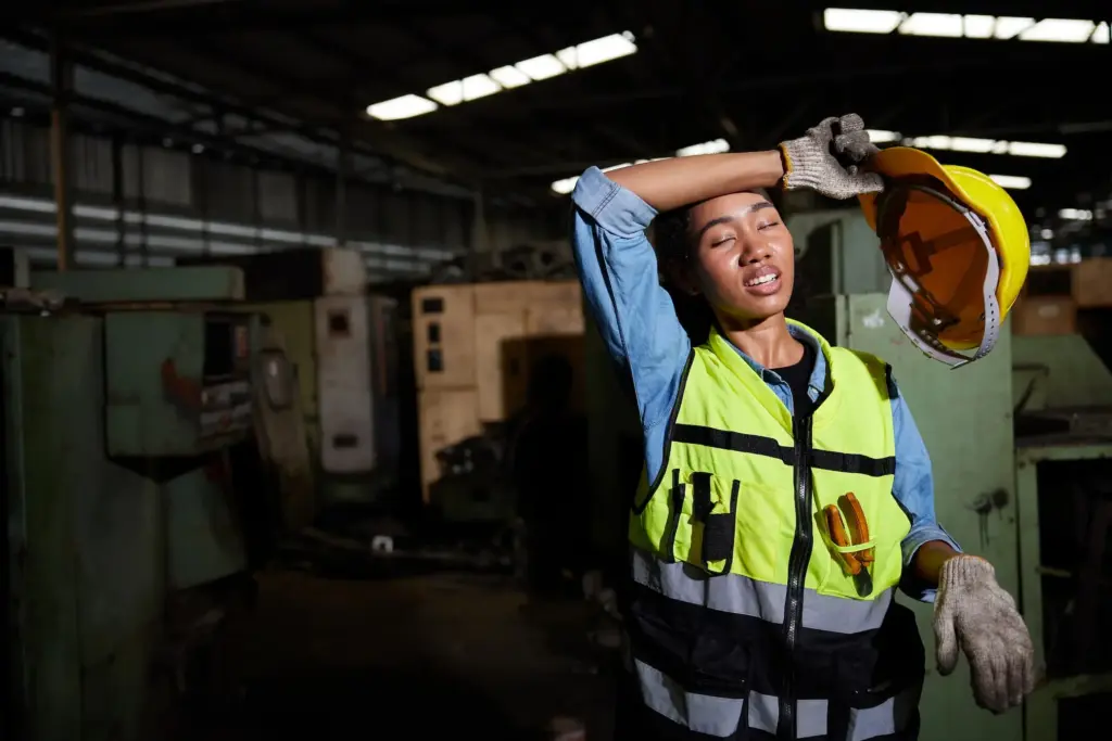 Factory worker removes hard hat, wiping sweat in workshop